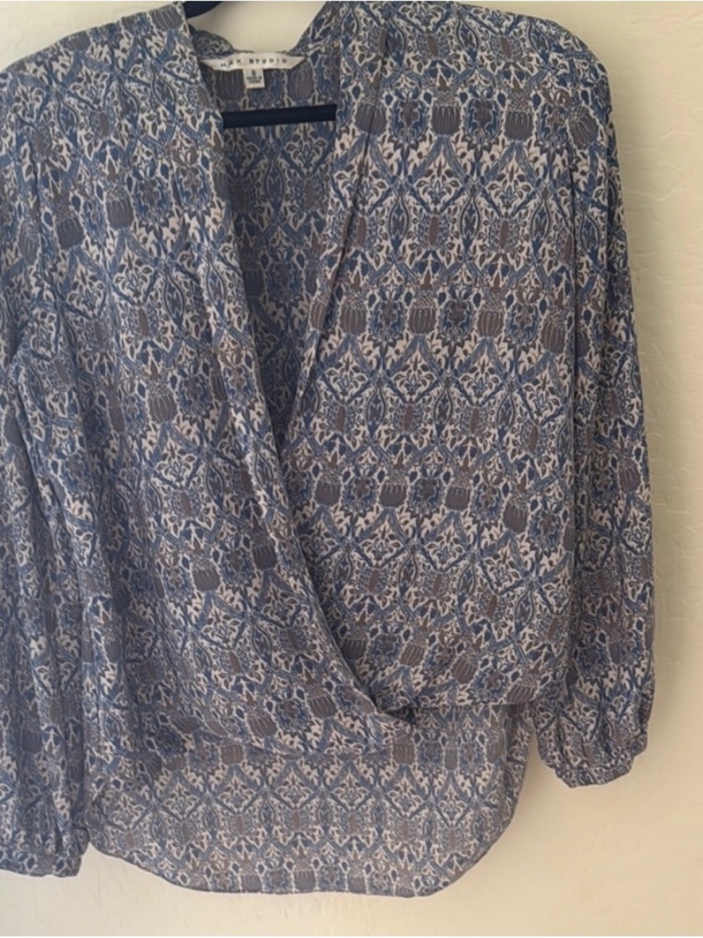 Flattering Blue and Gray Patterned Blouse
